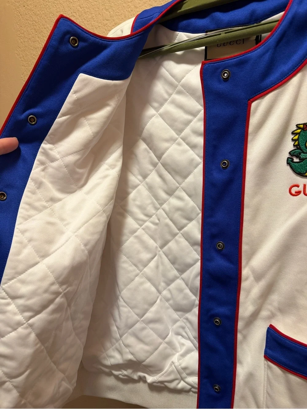 New Authentic Gucci Logo Dinosaur Button Up Vest White Blue Size S
